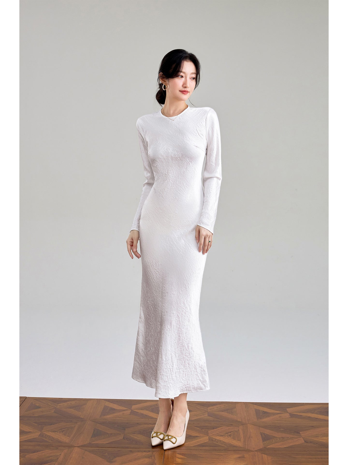 Haute couture 100% acetic acid, spring and autumn French elegance temperament fashionable pole extreme sense satin pleated long-sleeved dress women