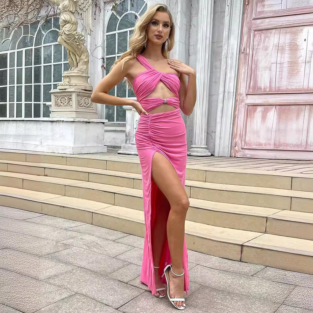 Cross-border women's off-the-shoulder kinked chest-wrapped dress women's high split solid color evening banquet dress skirt elegant temperament