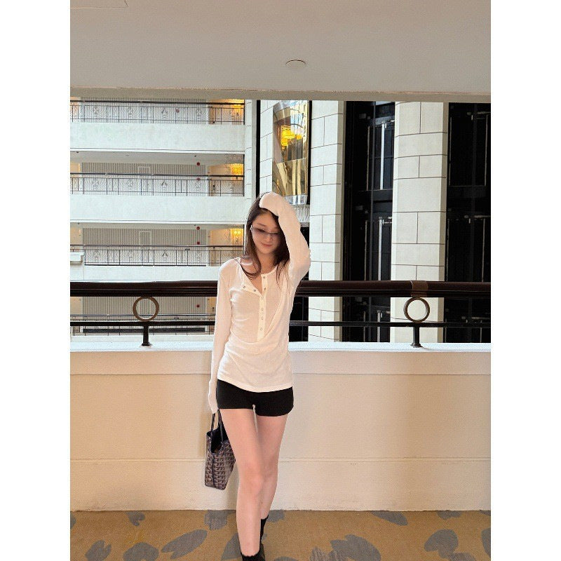 Here yaya shop 8.8 20:00 Salt Salt Cold Brew Cold Imported Fabric Buttons Skinny Lazy t