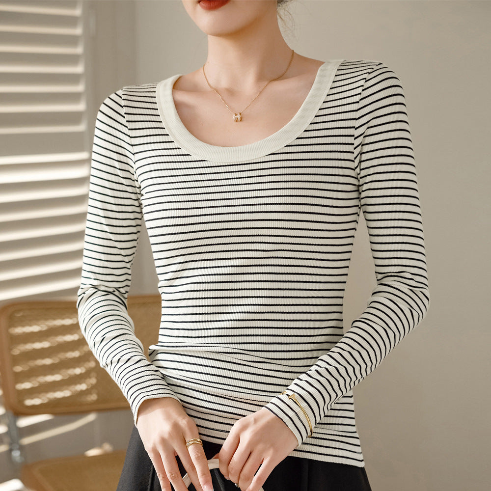 Selection of pure cotton striped T-shirt women's long-sleeved 2026 autumn and winter new round neck front shoulder top slim-fitting and thin bottoming shirt