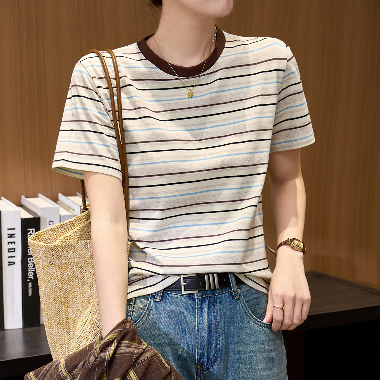 #Combed pure cotton #medium and long loose retro rainbow striped short-sleeved t-shirt women's summer 2026 new lazy top