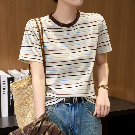 #Combed pure cotton #medium and long loose retro rainbow striped short-sleeved t-shirt women's summer 2026 new lazy top