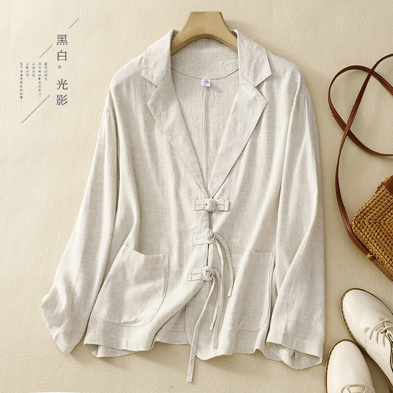 Real shot 2025 spring new literary loose solid color cotton and linen buckle long-sleeved blazer women's top