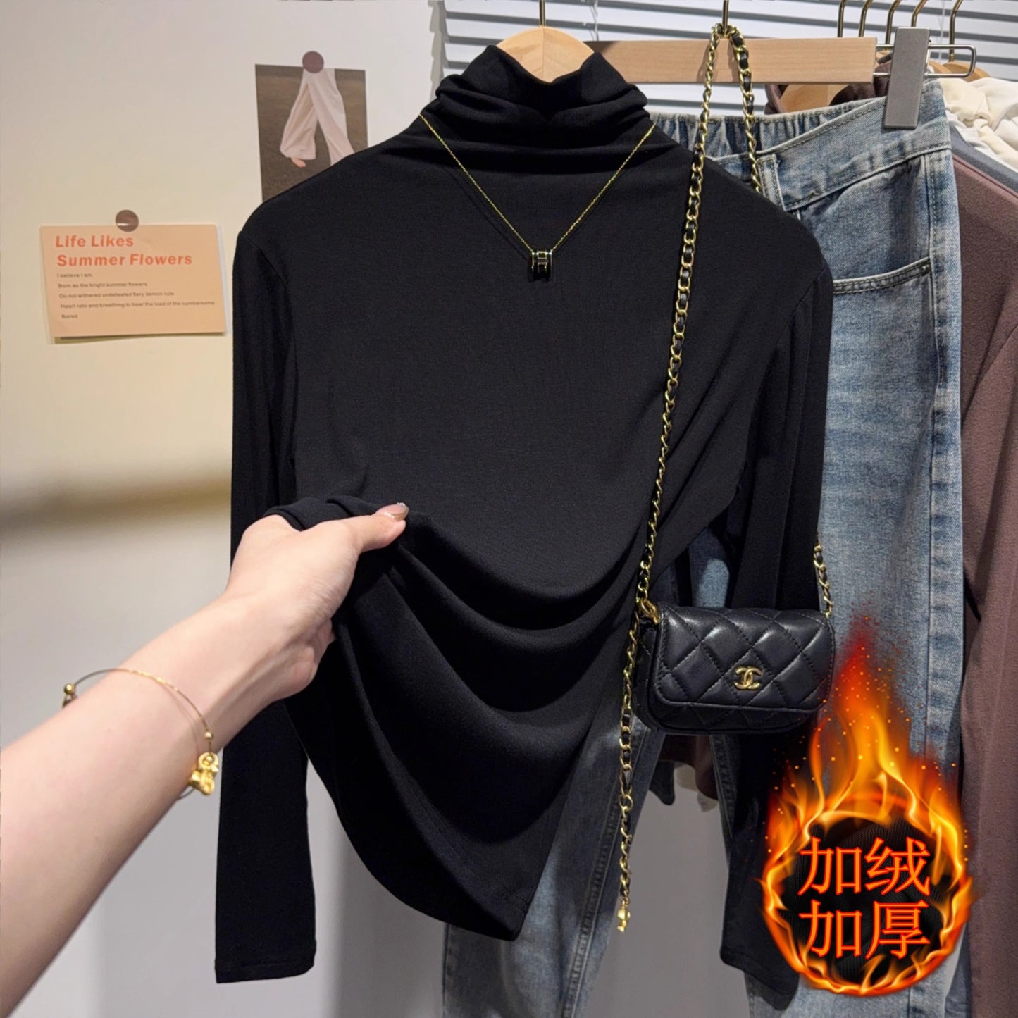 German velvet black turtleneck bottoming shirt for women's inner wear, autumn and winter 2025 new age-reducing and thin long-sleeved velvet thickened top