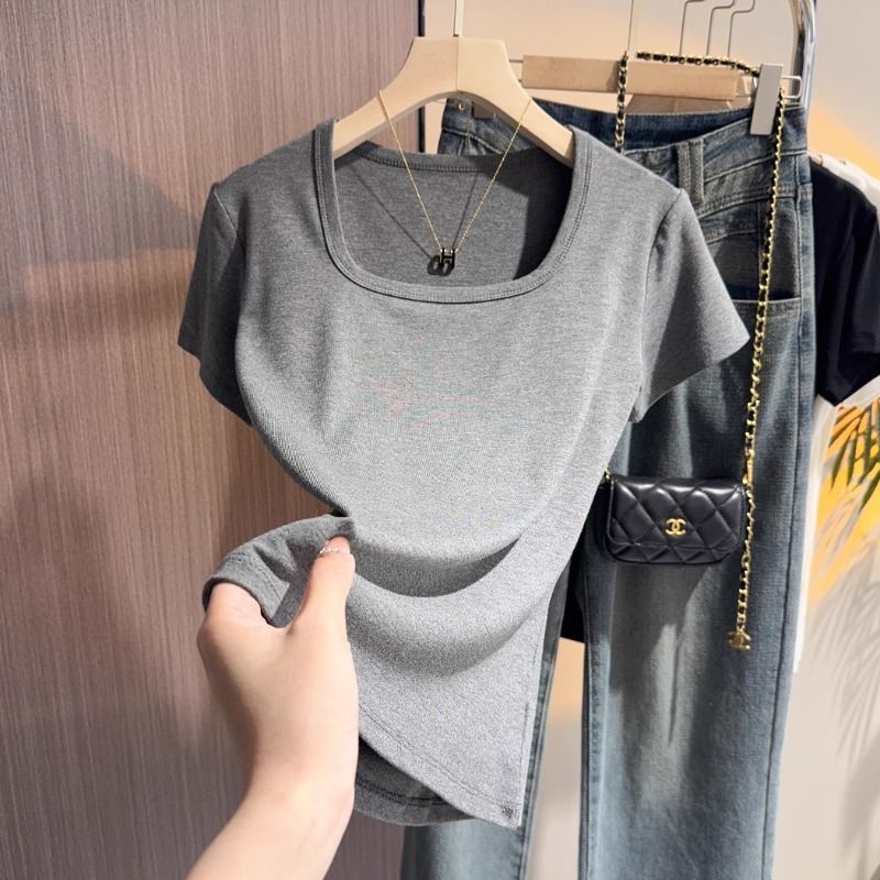 Gray square neck front shoulder short-sleeved T-shirt women's 2025 summer popular waist high-end solid color slim-fitting age-reducing short top