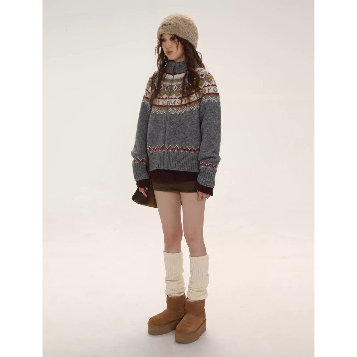 Moromoro Fair Island sweater women's autumn new vintage college style lazy style turtleneck knitted cardigan jacket