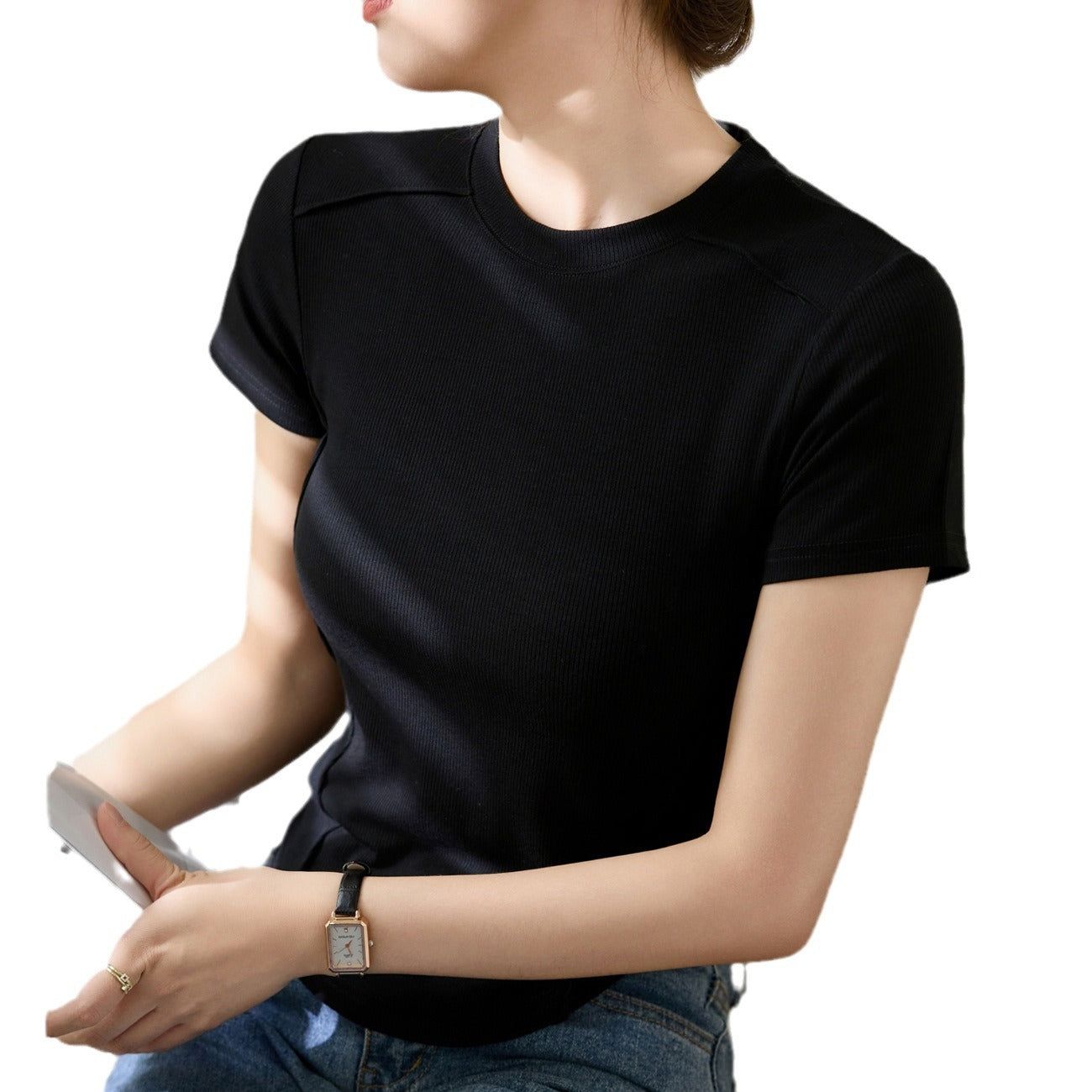 [Use good materials] Three-dimensional line design sense high elastic threaded cotton T-shirt women's summer new short-sleeved top bottoming shirt