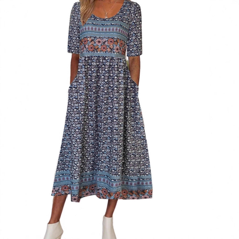 2025 Europe, America, Amazon summer new women's round neck short-sleeved long dress bohemian print dress women