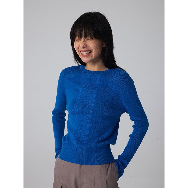 IN JOMI blue sweater crew neck new temperament waist slimming versatile ribbed knitted long sleeve design