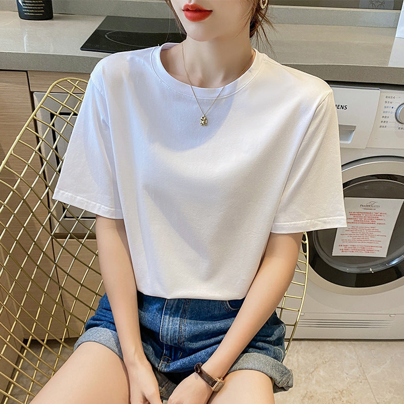 Pure cotton loose short-sleeved t-shirt women's solid color couple's versatile half-sleeved super fire white age-reducing front shoulder summer fashion