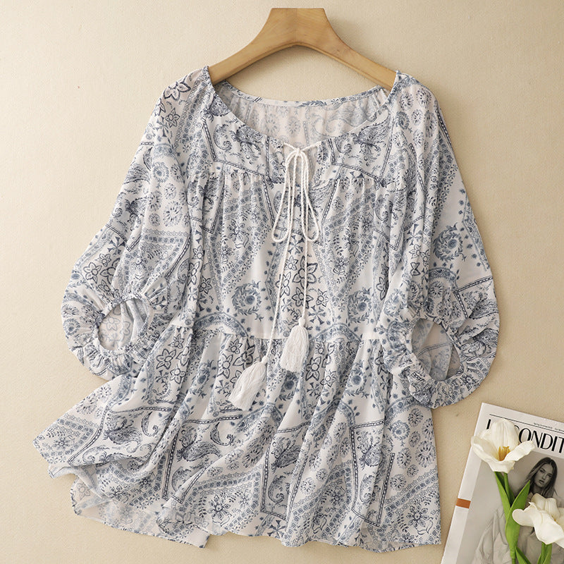 2025 summer new blue island print loose ethnic retro color short-sleeved shirt top women