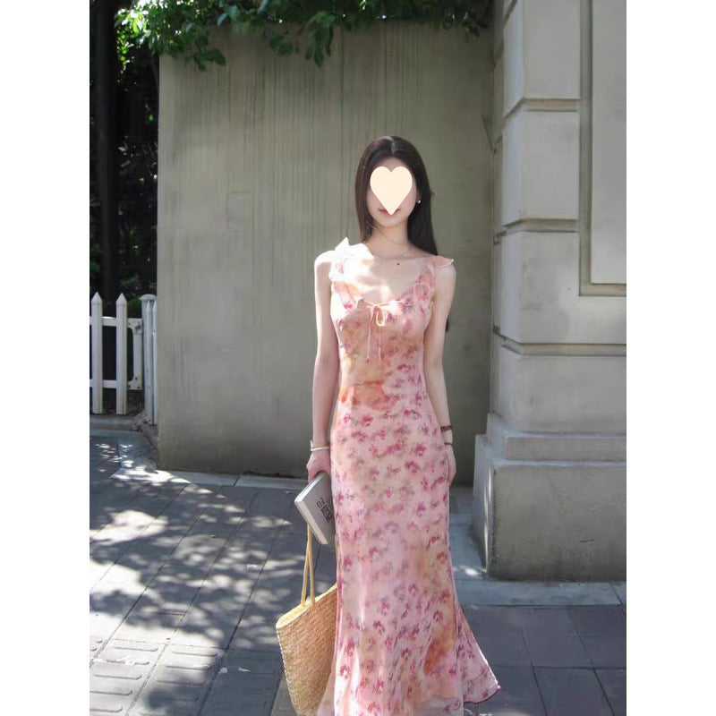 French pink floral suspender dress women's summer 2025 new small temperament waist holiday dress