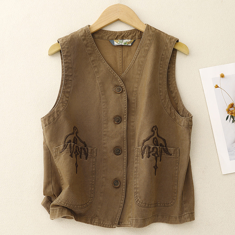 Real shot 2025 spring new literary embroidery pocket tooling vest vest vest vest horse girl