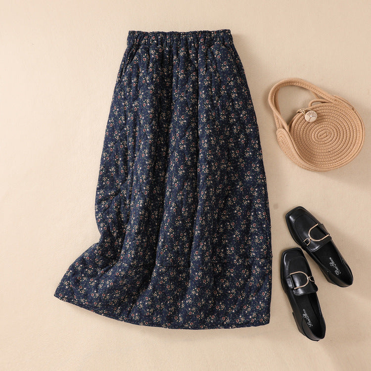 Real shot 2025 autumn and winter literary and artistic small floral cotton and linen padded cotton elastic waist thickened warm medium and long skirt women