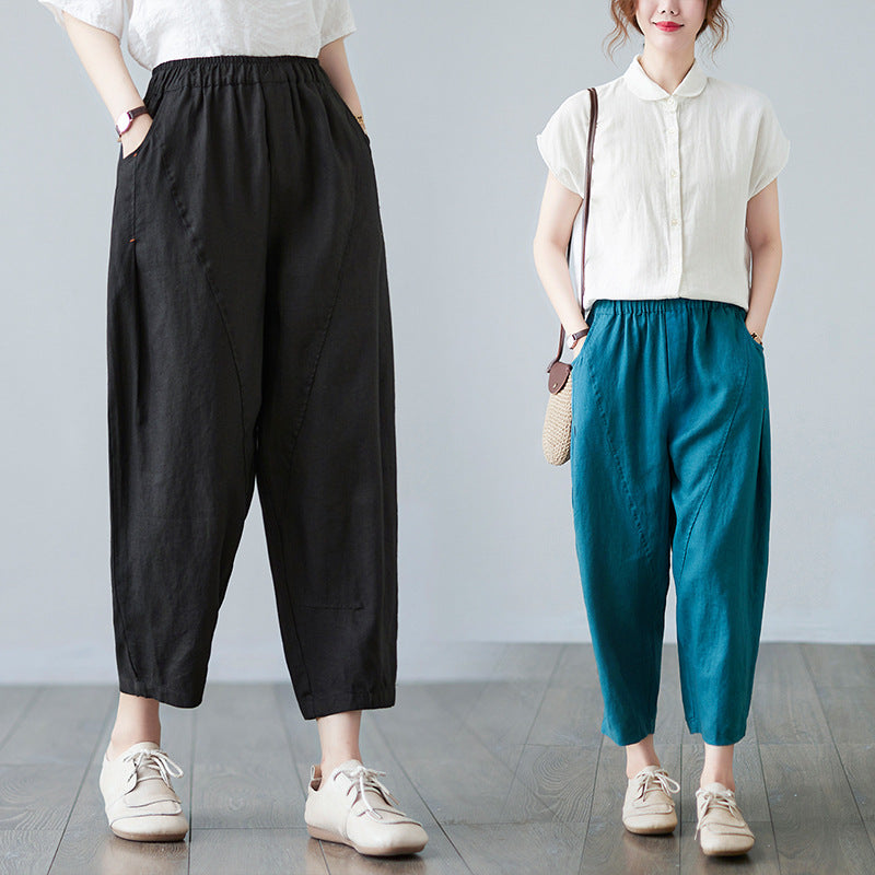 Real shot 2025 summer new loose splicing solid color cotton and linen elastic waist Harlan pants nine-point pants women's 1237 #