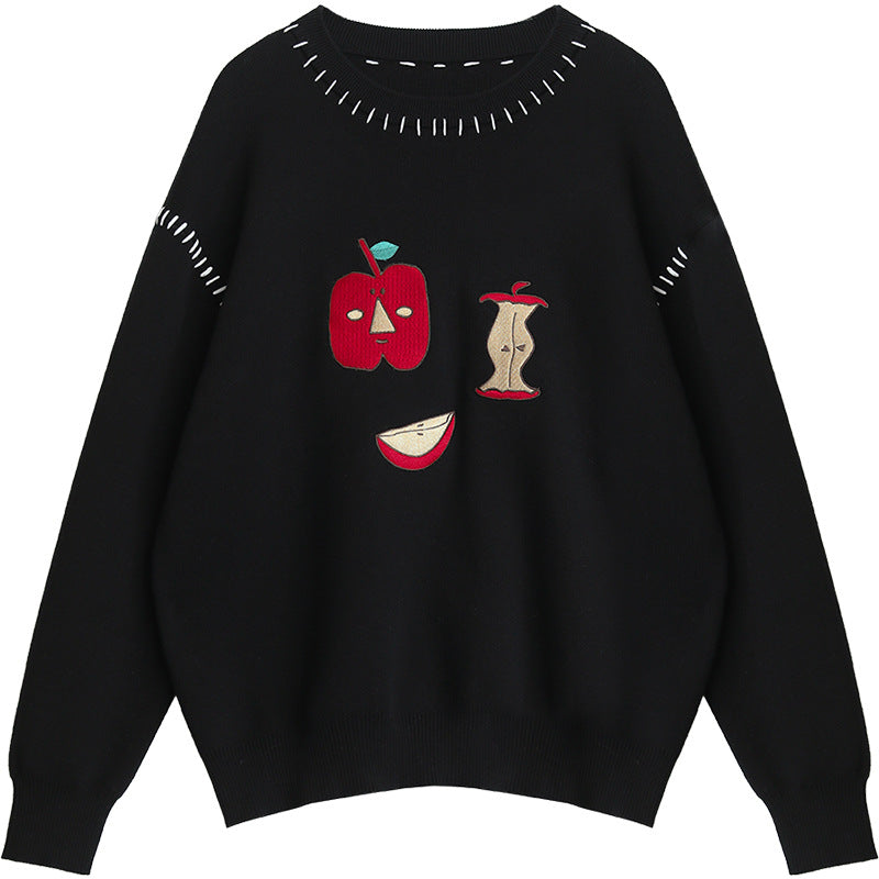 CHICVEN "Retro" Winter Loose Cotton Crew Neck Apple Embroidered Sweater Warm Comfort Top