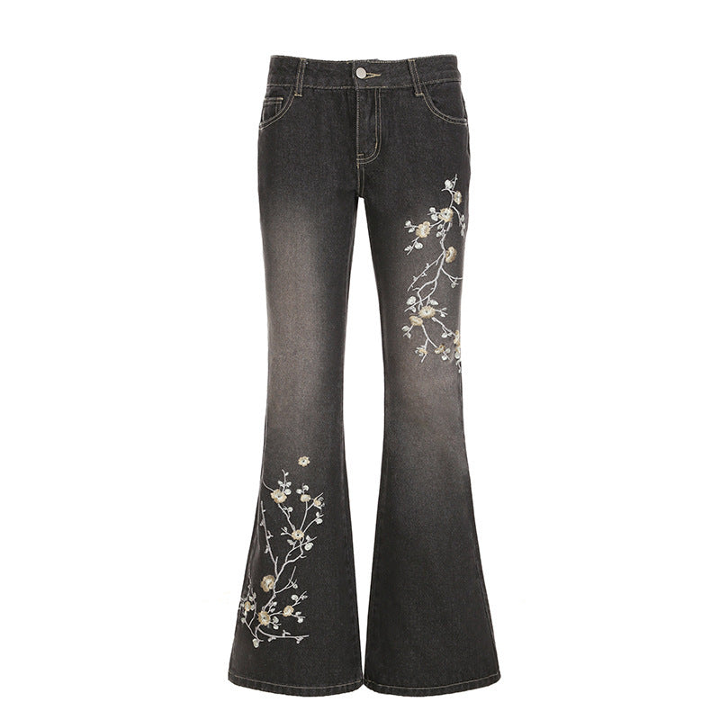 American street western denim style plant flower embroidery low waist micro pull pants Spice girl washed as old casual trousers