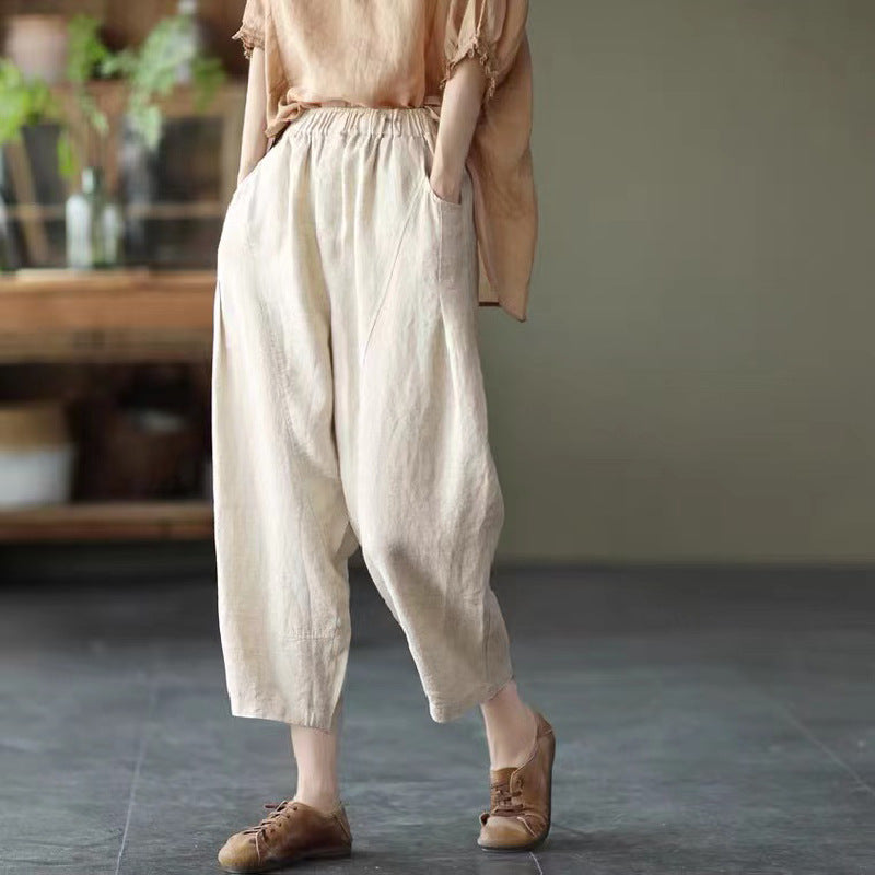 2025 summer new literary loose splicing solid color cotton and linen elastic waist Harlan pants nine-point pants women's pants #1237 #