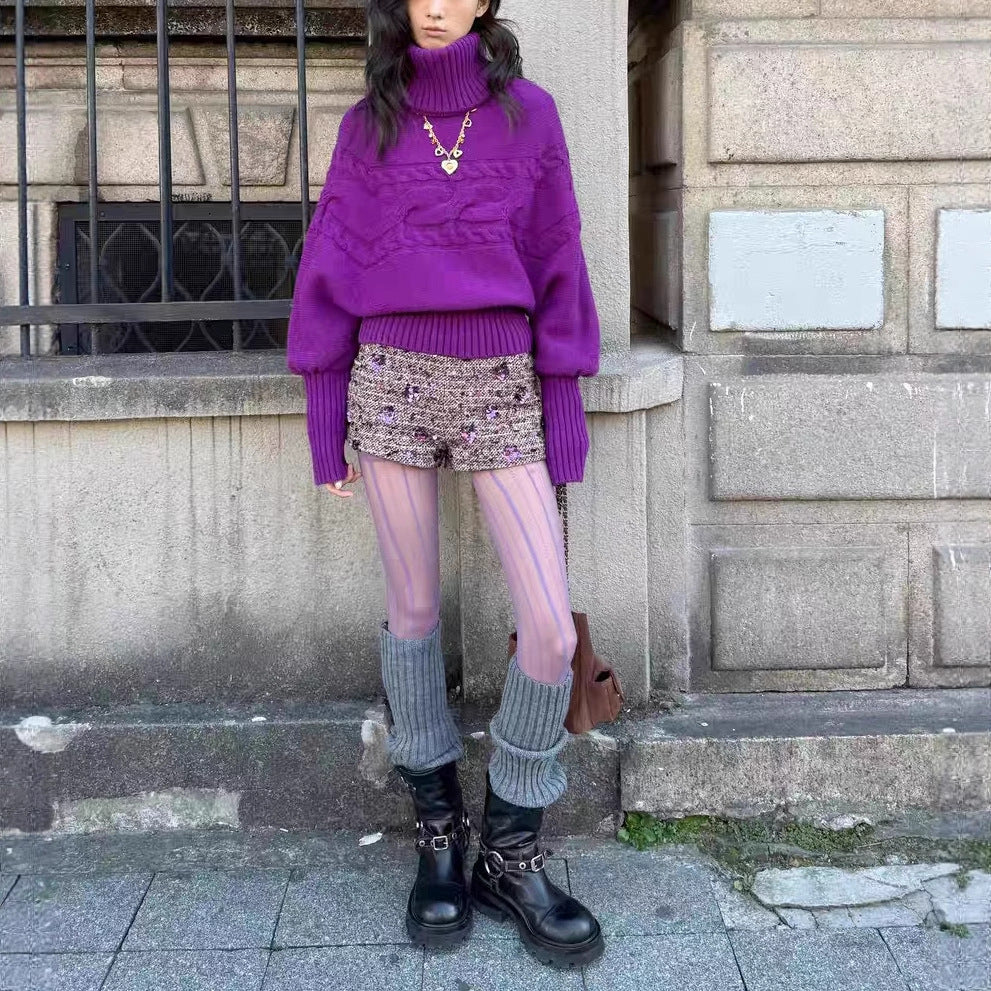 RunSweet original 100 wool retro wisteria flower temperament lazy loose purple turtleneck sweater women