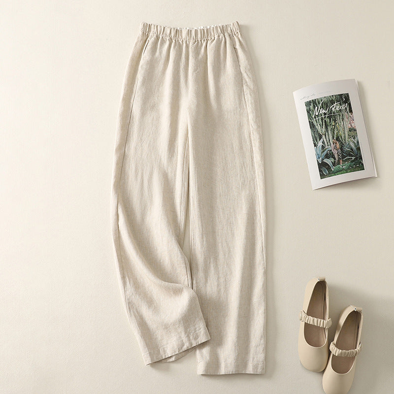 Real shot 2025 autumn new literary loose solid color cotton and linen elastic waist straight pants women's casual trousers #9539