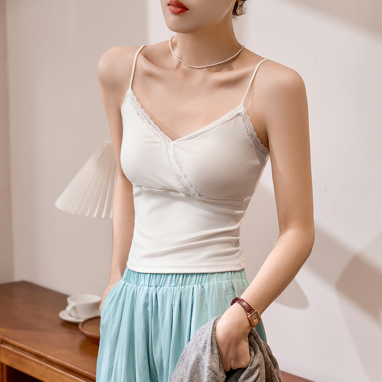 #Tencel lyocell cotton #lace lace V-neck sling vest women's summer short high waist sexy inside and outside wear