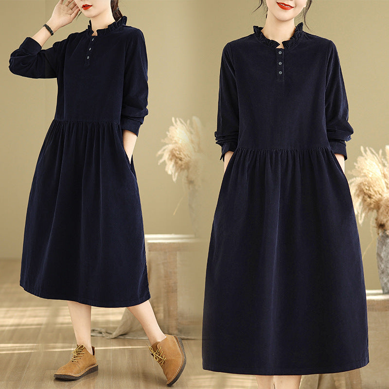 Real shot 2025 autumn new French retro corduroy loose large size age-reducing medium and long bar velvet dress