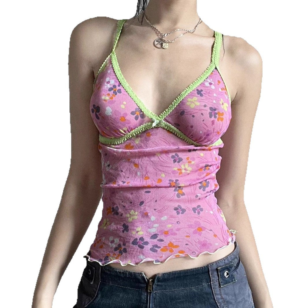 American vacation mesh flower print splicing contrasting color small vest Spice girl V-neck curled edge sexy suspender top