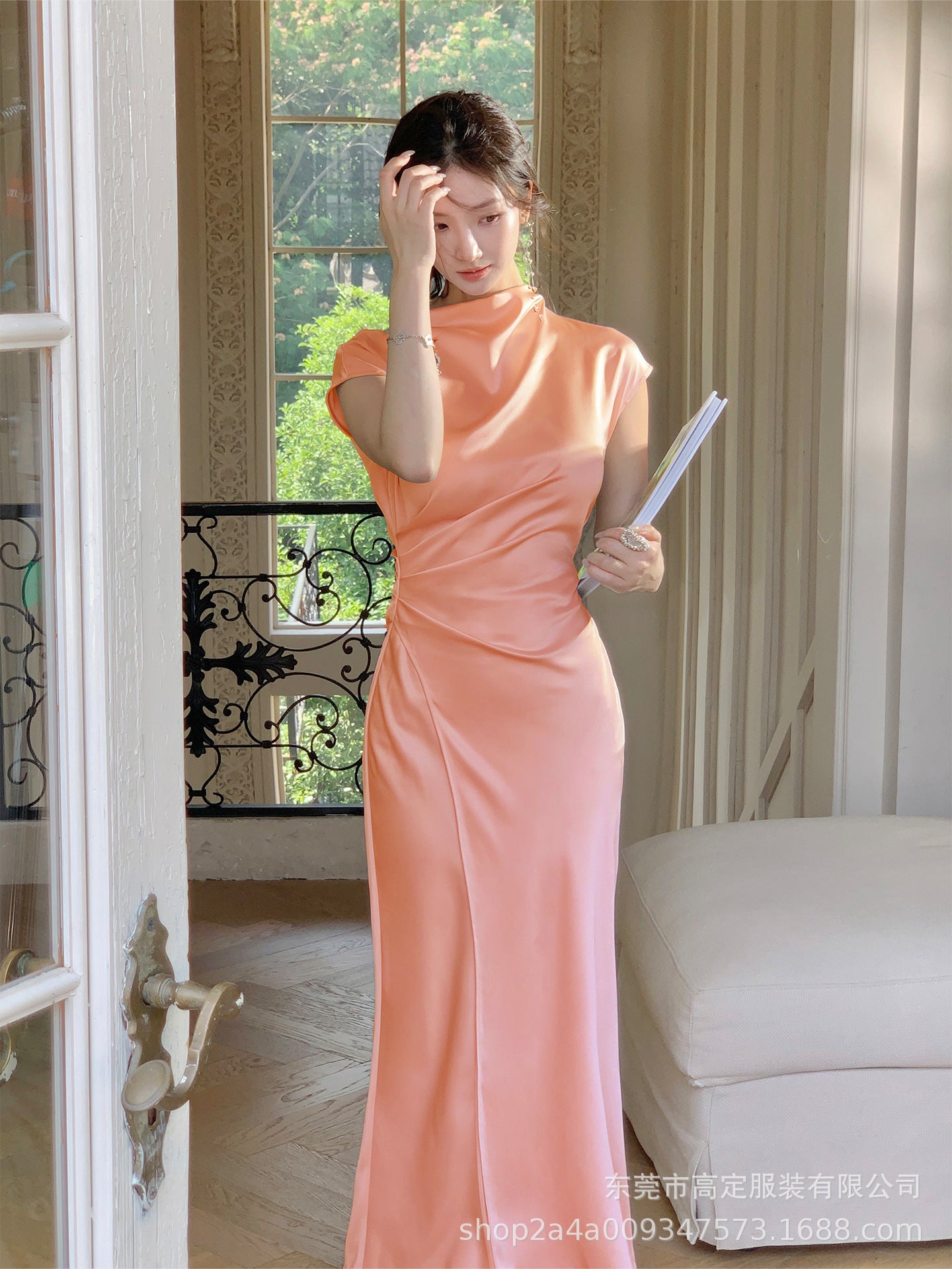 Haute couture imported acetic acid pure desire wind semi-turtleneck satin dress temperament thin split fork fish tail long dress French