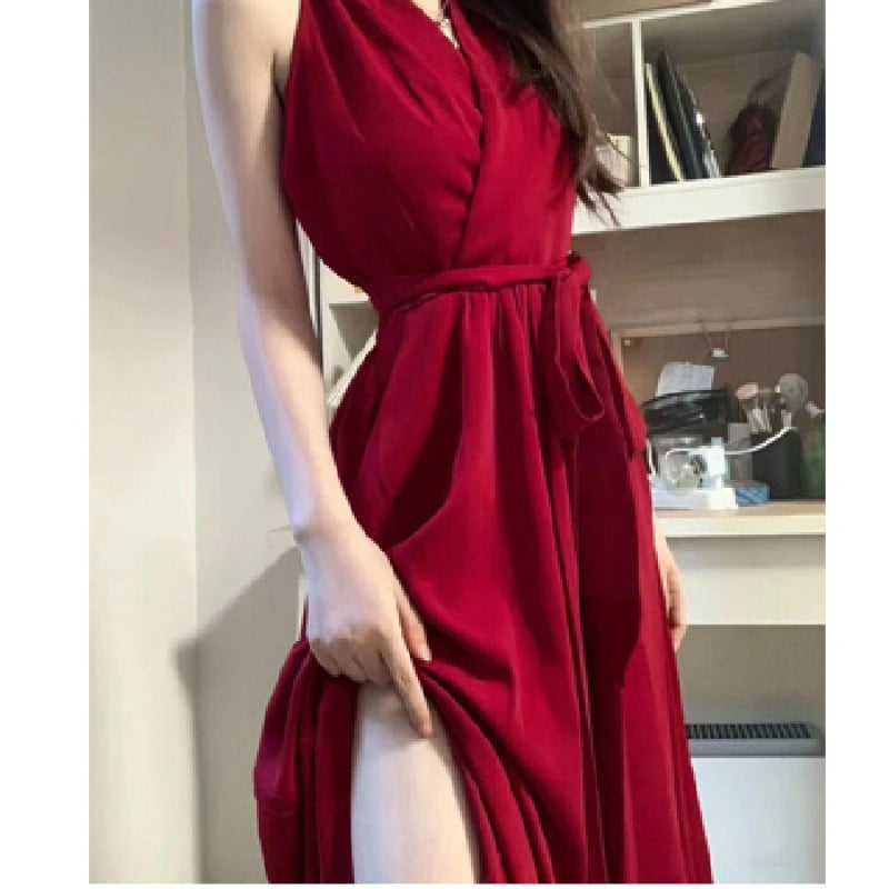Pure desire wind red neck dress women's 2026 early spring new a-word royal sister waist strap slim dress