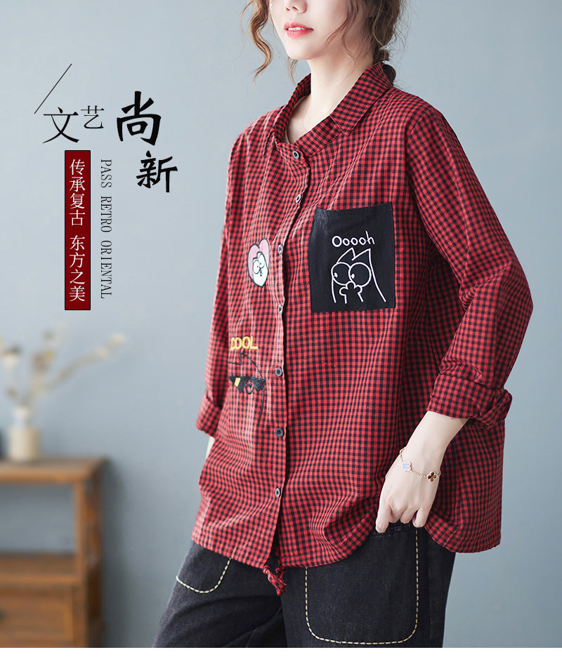 Real shot 2025 autumn new Korean version loose cotton and linen plaid lapel long-sleeved shirt top women #9261