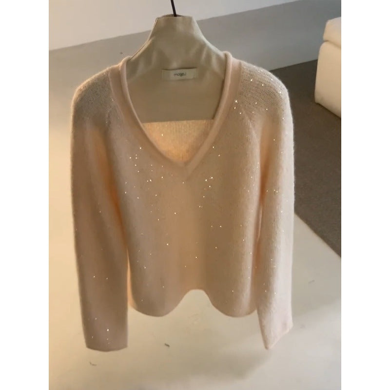 Lazy high-end pink V-neck pullover sweater women wear in autumn and winter, a great-looking loose and versatile knitted top
