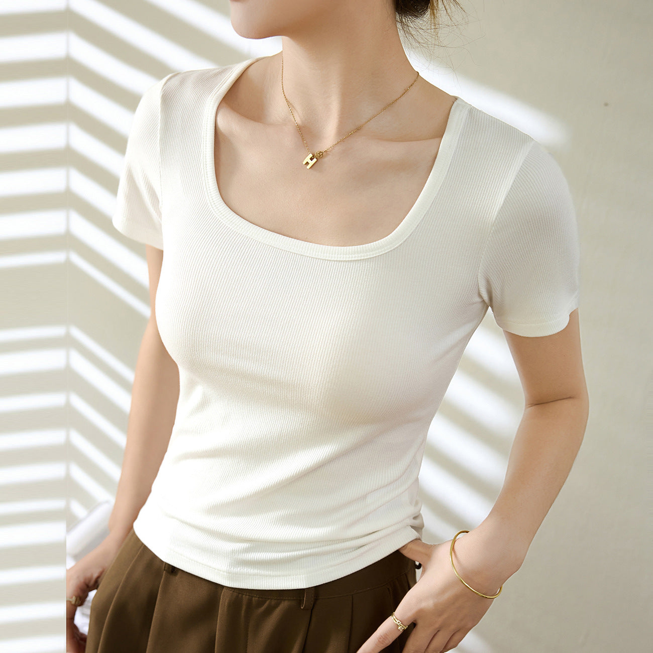 [Use good materials] High elastic threaded cotton 2026 summer new versatile T-shirt women's short-sleeved top square neck bottoming shirt