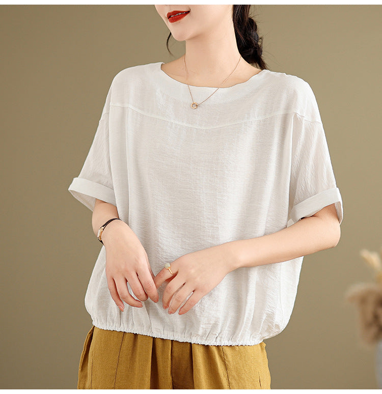 2025 summer new literary and retro loose splicing solid color round neck short-sleeved T-shirt women's top #8593