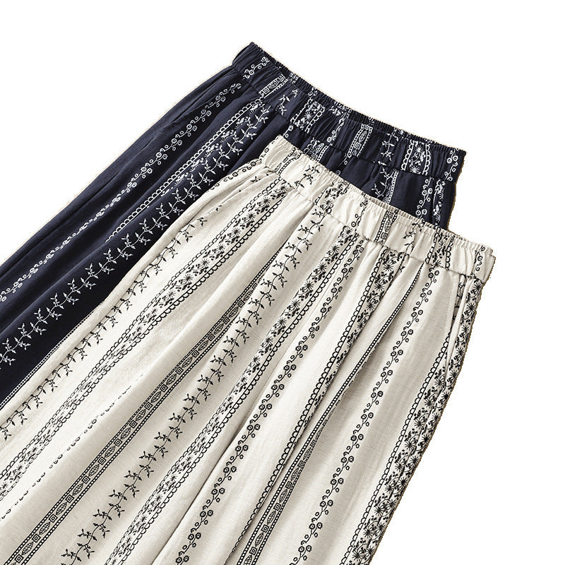 In the summer of 2025, the new printed cotton and linen literary loose and drape casual wide-leg pants for women