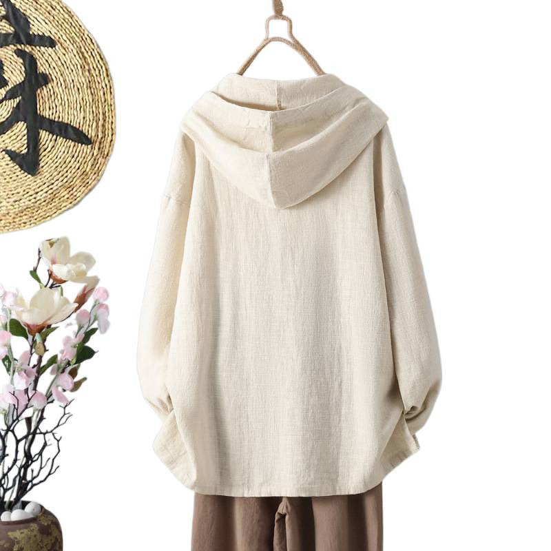 Real shot 2025 autumn new retro buckle new Chinese women's long-sleeved cotton and linen top hooded pullover sweater
