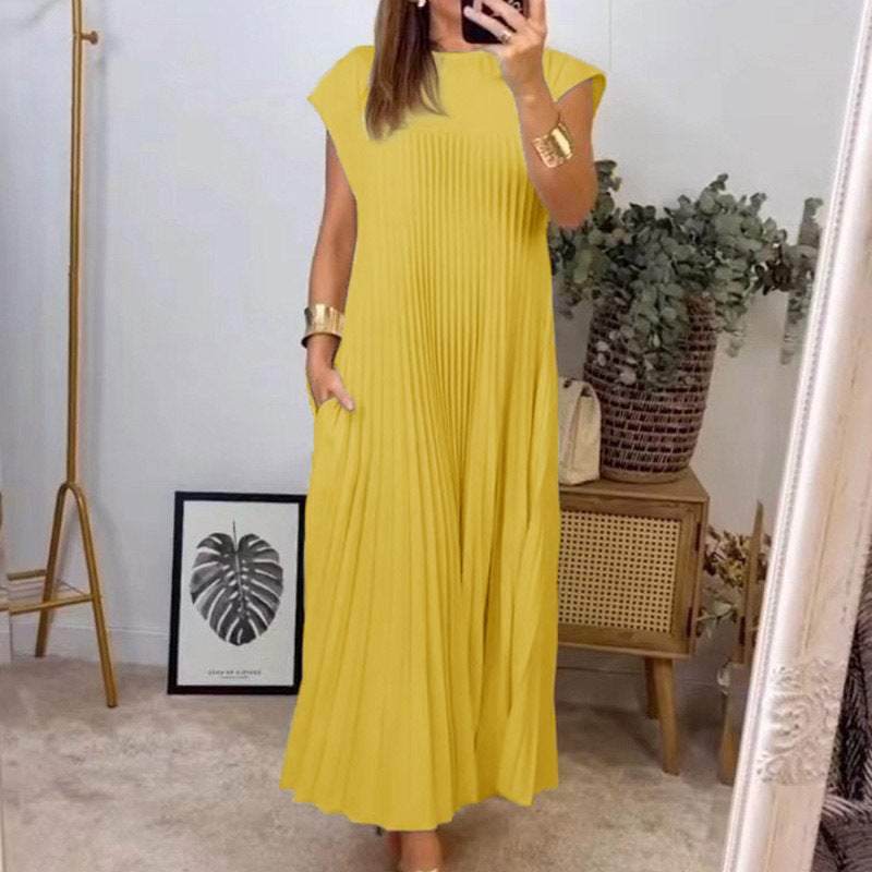 2025 new holiday style Amazon cross-border fashion round neck sleeveless pleated dress women's long dress