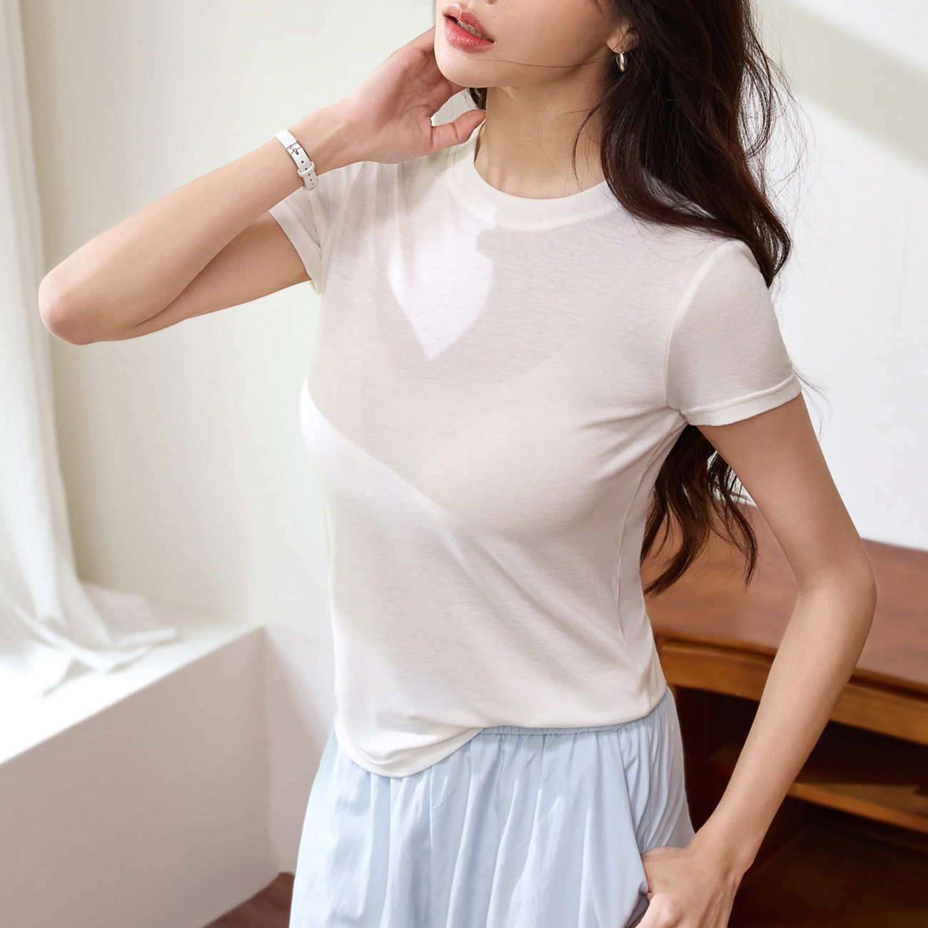 #Tencel wool, lyocell #light, soft, waxy, non-sensory, skin-friendly and transparent T-shirt women's summer short-sleeved loose and thin top