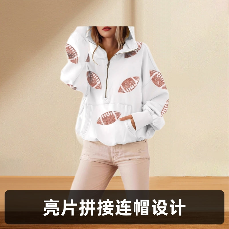2025 Amazon Independent Station sequined splicing hooded sweater European and American women's clothing zipper drawstring long-sleeved top spot
