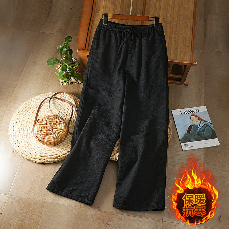Real shot new Chinese jacquard 2025 winter national style retro loose and thin casual thickened cotton-padded wide-leg pants outer wear