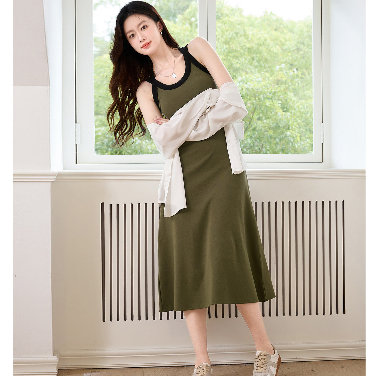 [Quality and high quality] High-end design cross-back suspender dress women's summer pure cotton versatile vest long dress