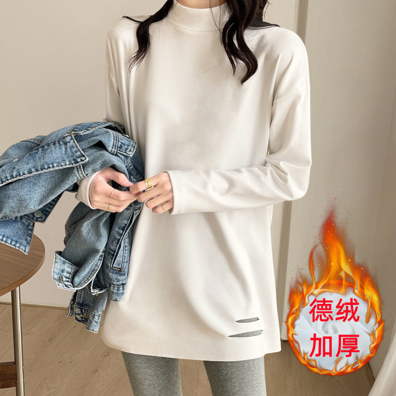 Medium and long loose German velvet white long-sleeved butt-covering t-shirt semi-turtleneck bottoming shirt women's velvet ripped clothes