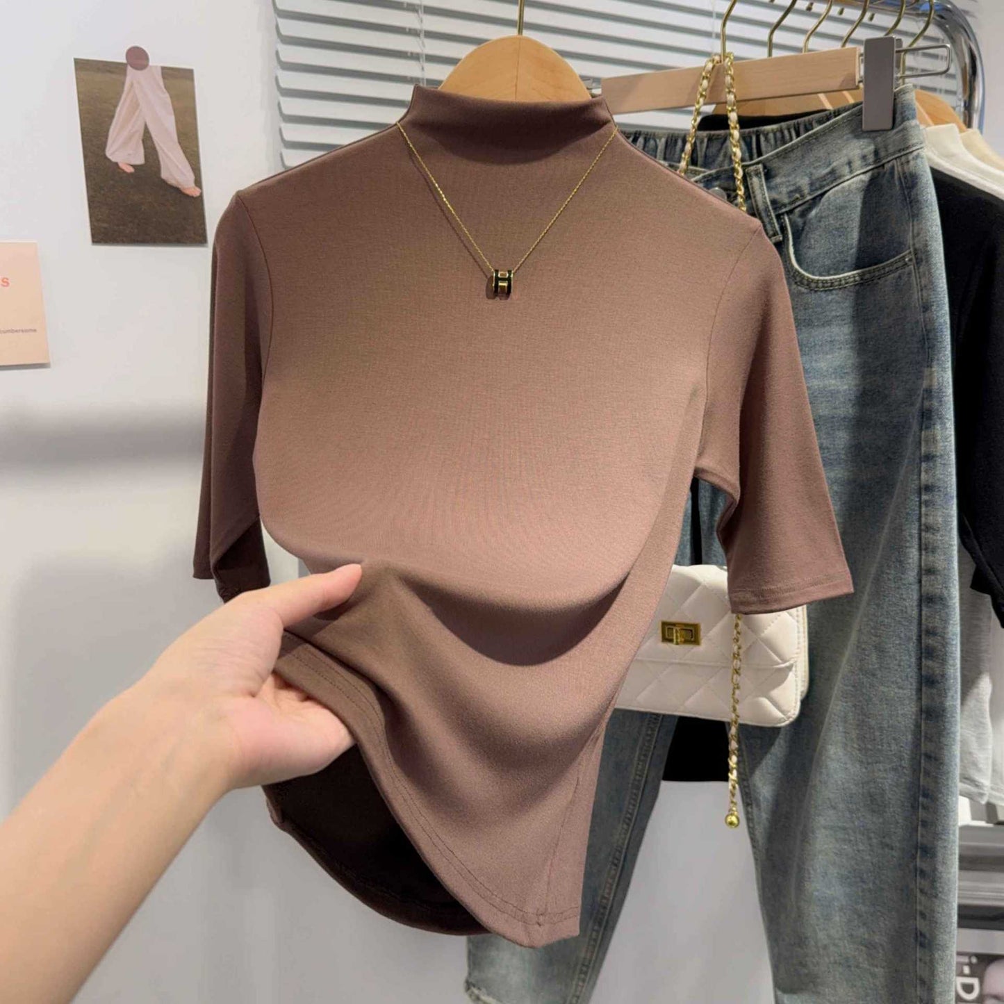 Semi-turtleneck medium-sleeved T-shirt women's spring and autumn new black five-quarter-sleeved versatile fashionable foreign-style top bottoming shirt