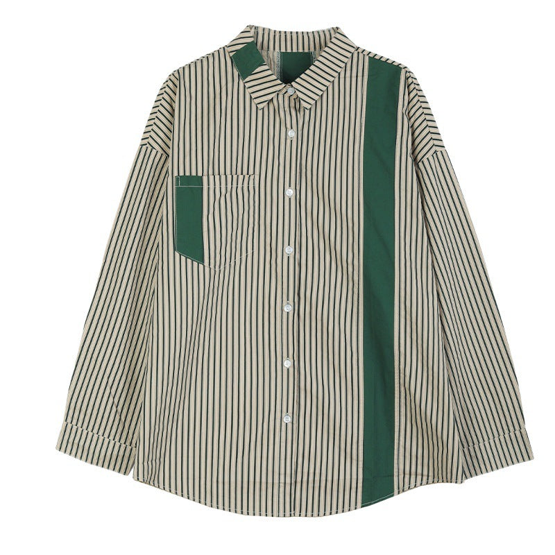 Real shot 2025 autumn new literary loose splicing contrasting color striped long-sleeved shirt women's casual shirt top