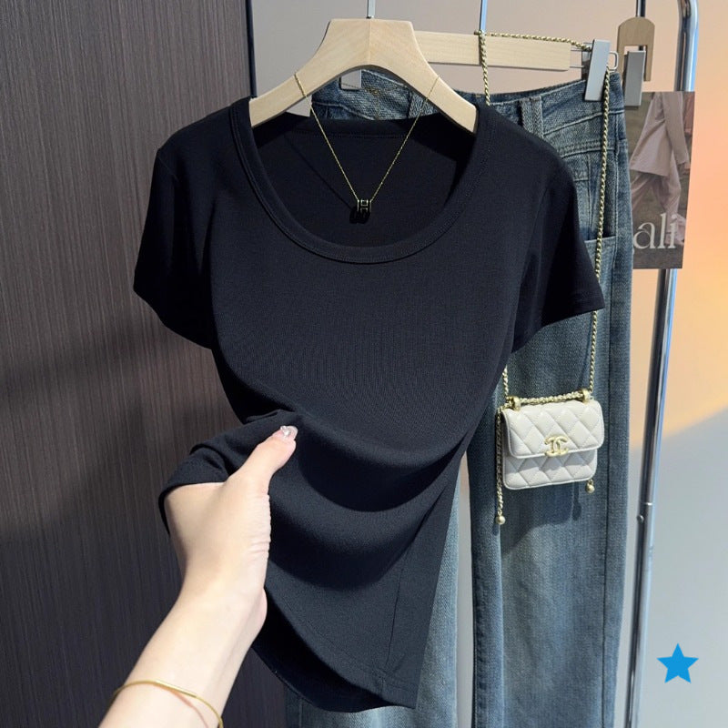 apricot u-neck short-sleeved t-shirt women's summer new Korean version versatile tight shirt with bottoming shirt and slim top