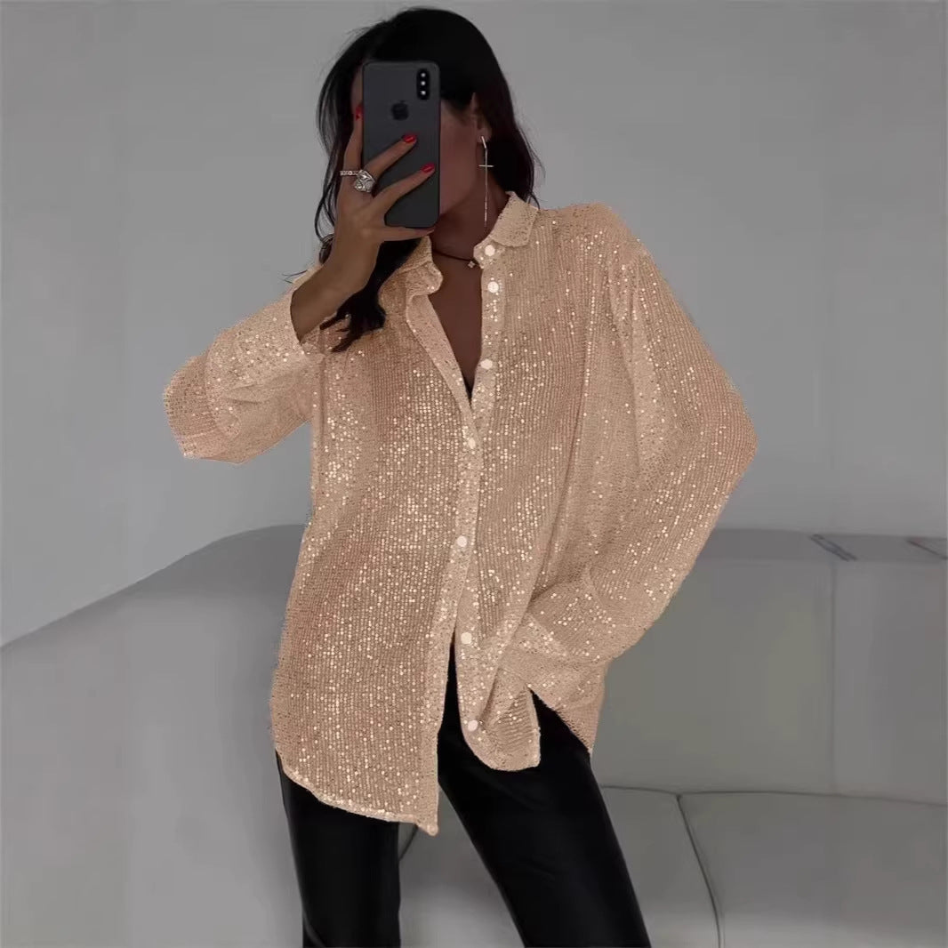 2025 spring and summer Europe and the United States new bead top lapel long-sleeved cardigan basic cross-border women's shirt jacket