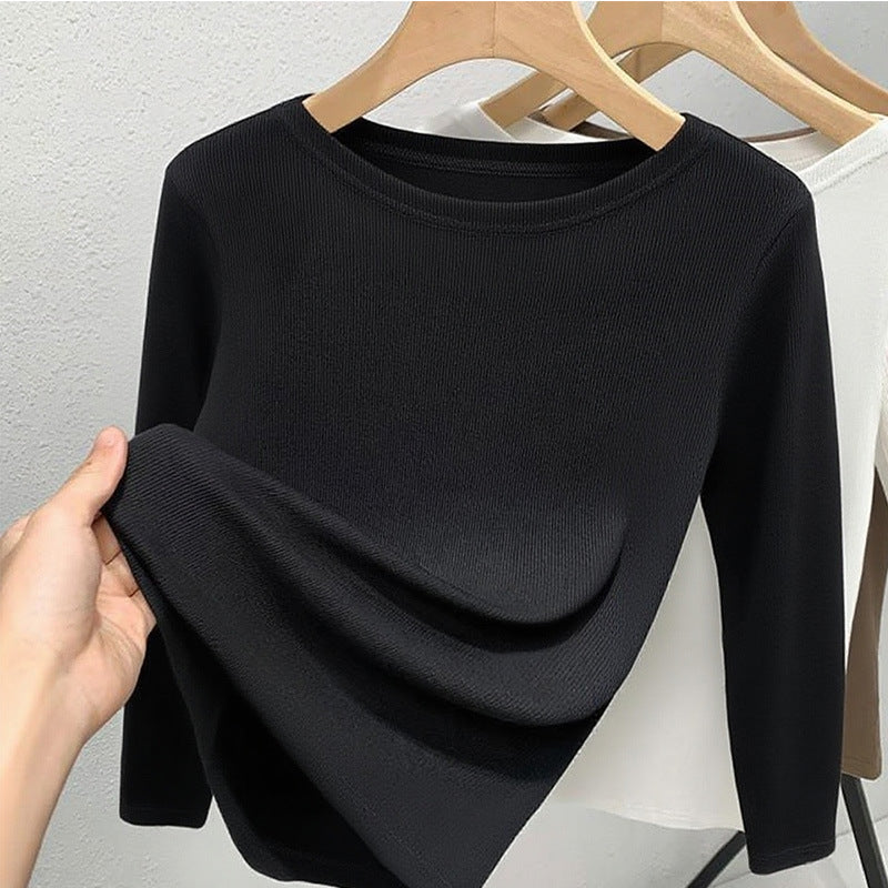 Medium-sleeved t-shirt women's 2025 new women's clothing solid-color threaded half-sleeved t-shirt temperament one-word shoulder elastic waist top