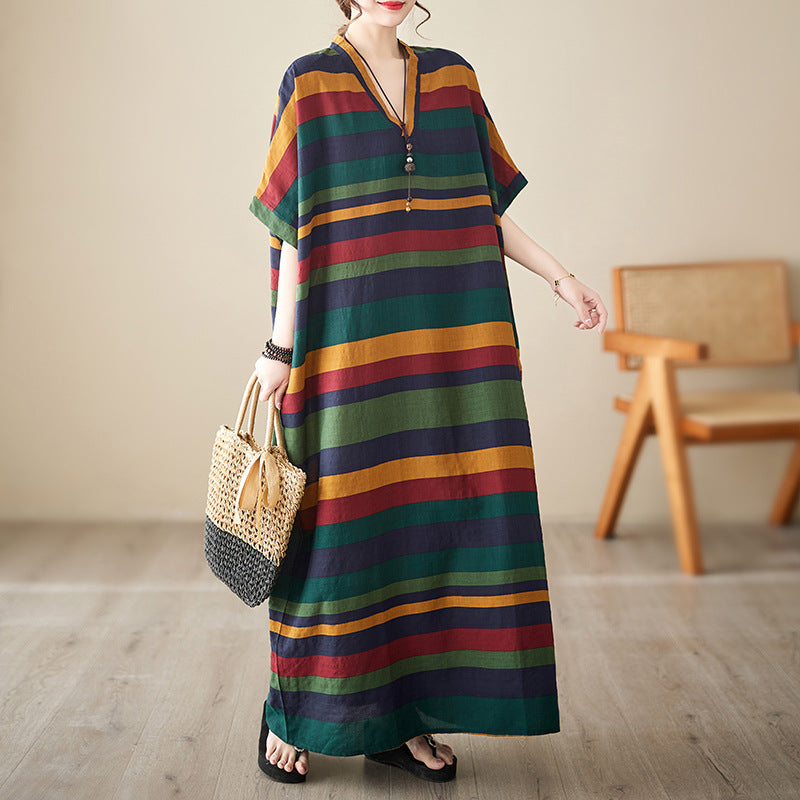 Real shot 2023 summer V-neck thin cotton and linen loose large size simple vacation style long skirt striped beach skirt women