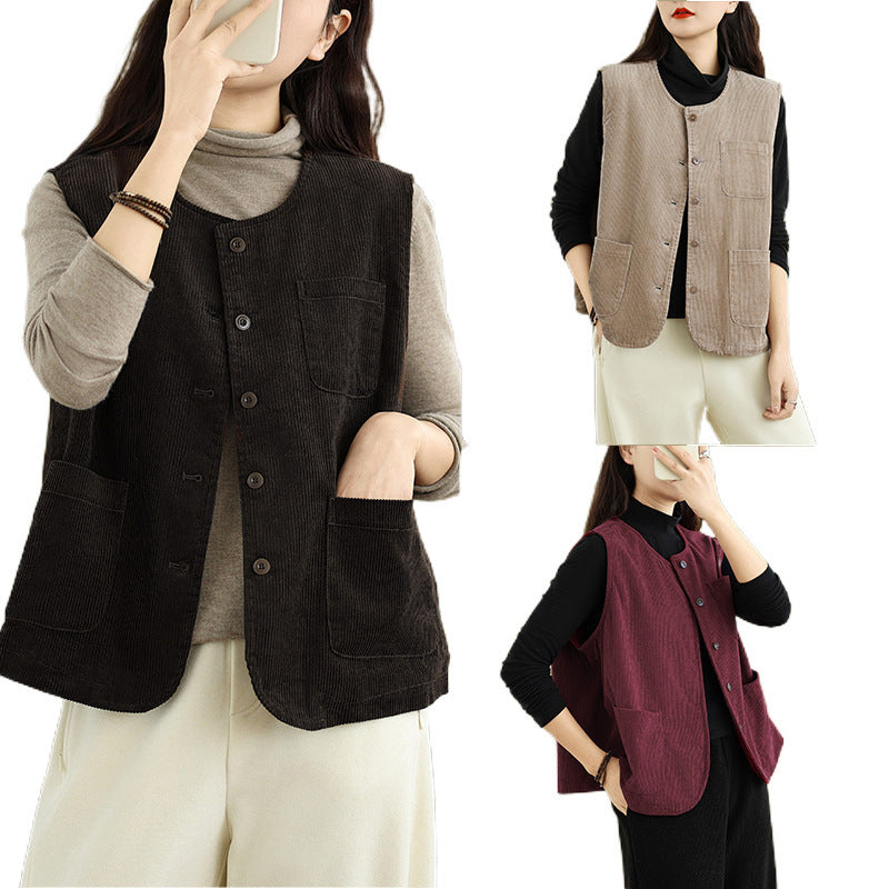 Real shot 2025 autumn new round neck vest vest vest retro commuter loose casual vest jacket women