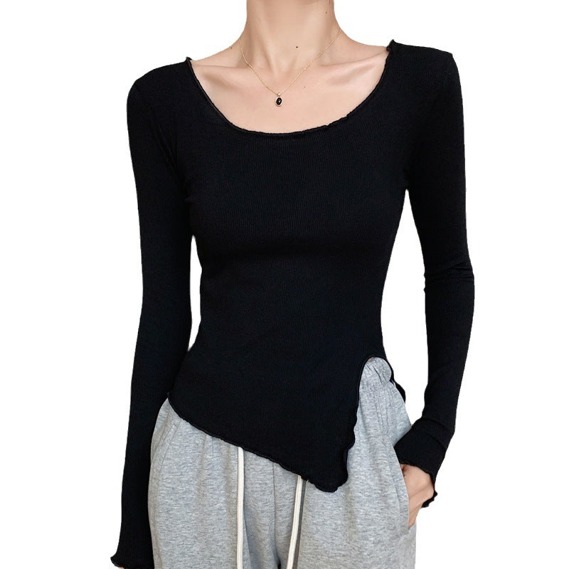 Selection of high elastic threaded cotton curled irregular slit T-shirt women's long-sleeved 2026 autumn new tight bottoming shirt