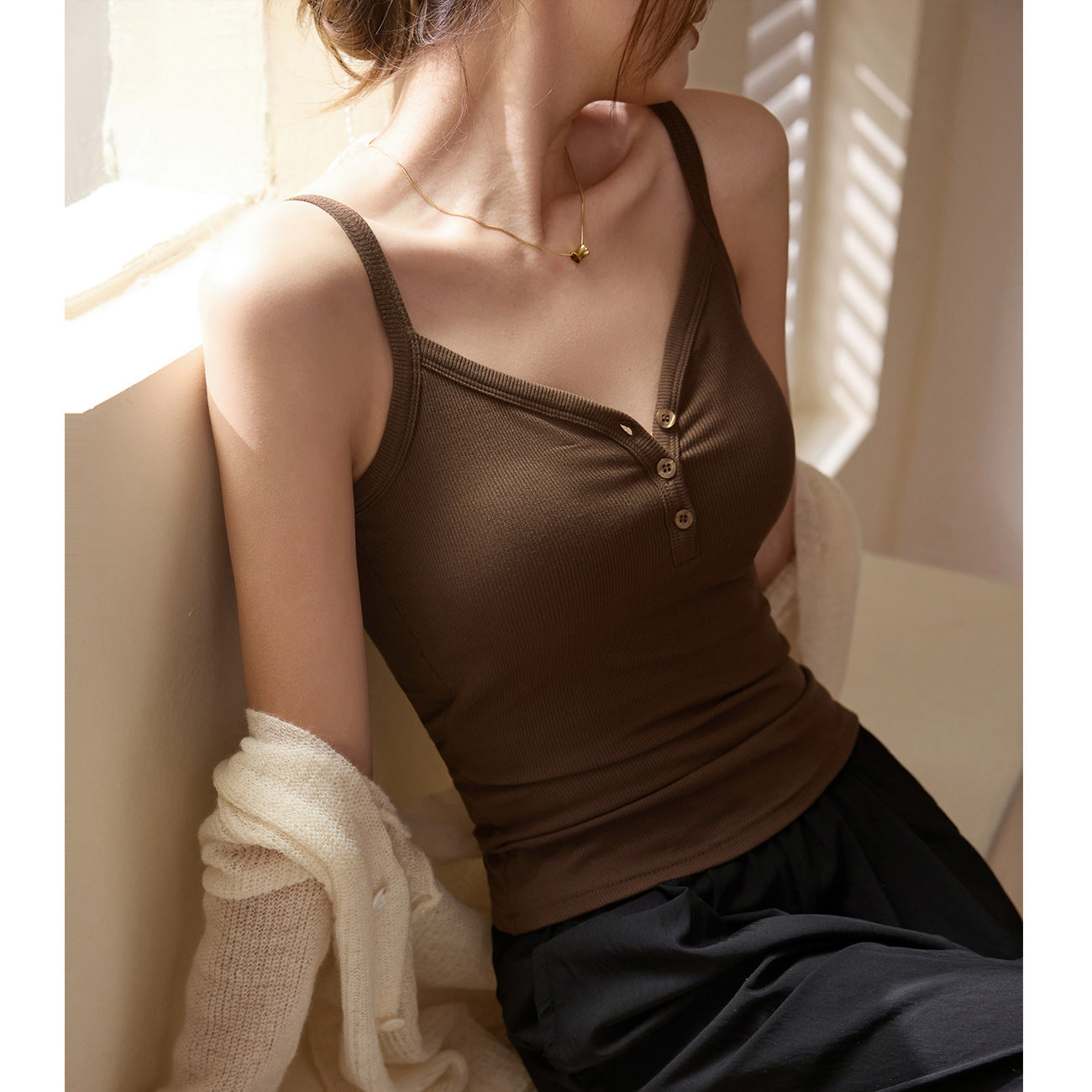 #Selection of high elastic cotton #Button V-neck sling vest women's summer 2026 new slim and thin pure desire inner top